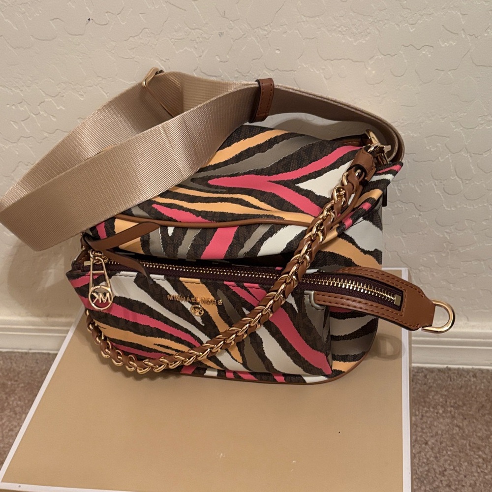 Michael Kors Zebra Print Crossbody Bag with Pink and Brown Accents